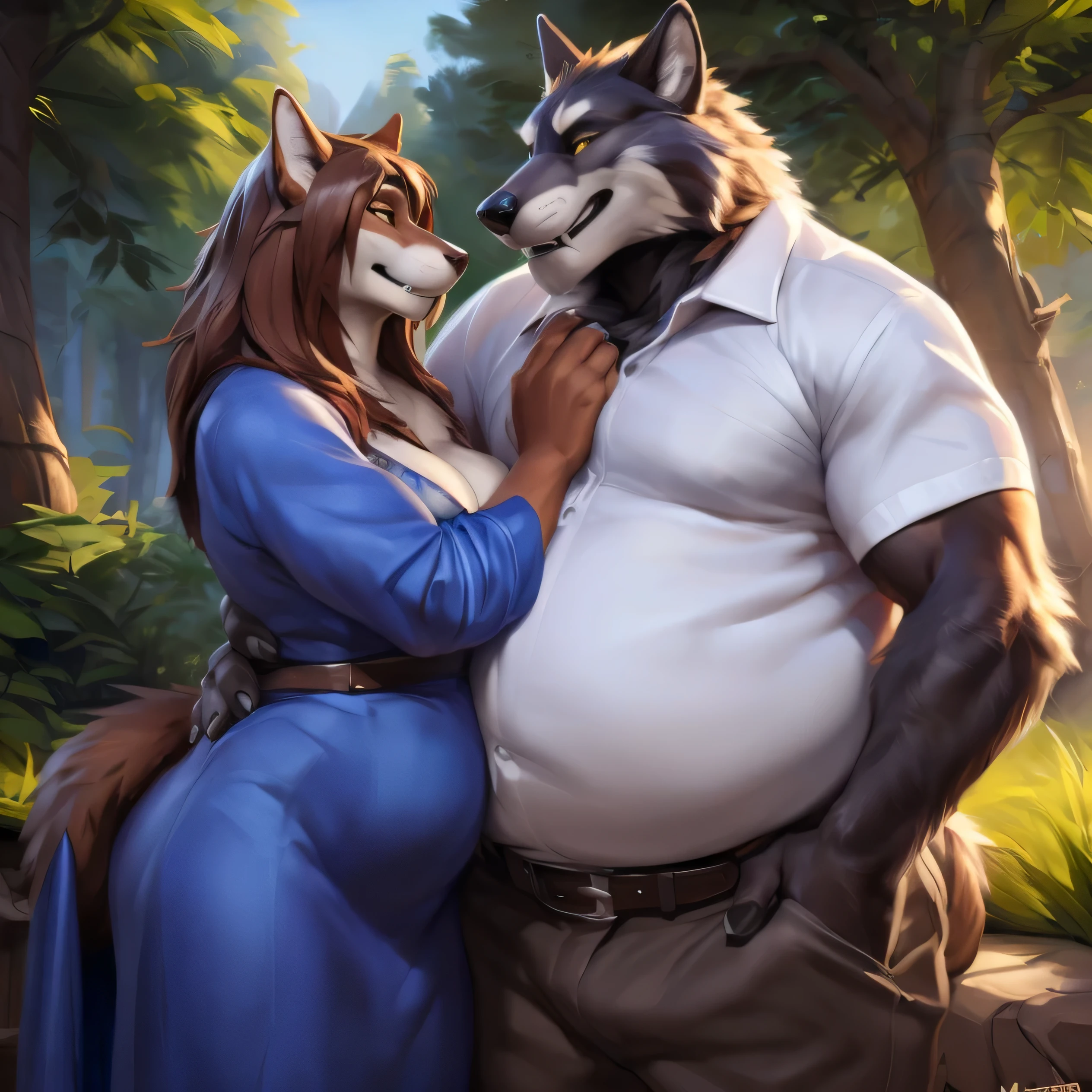 Masterpiece, official art, furry, male, fat male wolf, anthropomorphic wolf, delicate face, delicate eyes, azure eyes, white shirt, depth of field, perfect lighting, (best quality), (masterpiece), (ultra-detail), sharp focus, light particles, shorts, masterpiece, best quality, from high angle, obese man, fat man (wolf), male, (wolf), middle aged, white fur body, fat belly, big belly, round belly, white belly fur, obese, obese belly, massive body, bamboo forest, looking at the viewer, majestic, confident, coniferous forest, outdoors, dynamic angle, depth of field, delicate canine teeth, correct anatomy, right hands, hd, dim, dark, dark shadow, light and dark, cinematic, Wide Dynamic Range, HDR, Low Light: 1.2, by Pino Daeni, (Ruaidri), by Virtyalfobo, BREAK, female, lynx daughter, boobs, breats, standing, slim, little, slim body, sexy, detailed five fingers, five fangs, detailed paws, blue eyes, thick eyebrows ( kimono ) dinamic pose, looking, misterious smile, father and daughter walking on beach, cuddling, smiling to each other, looking at each other, cuddling, hugging belly, spicies difference, size difference, extreme size difference, extreme sizeplay, height difference, physical difference.