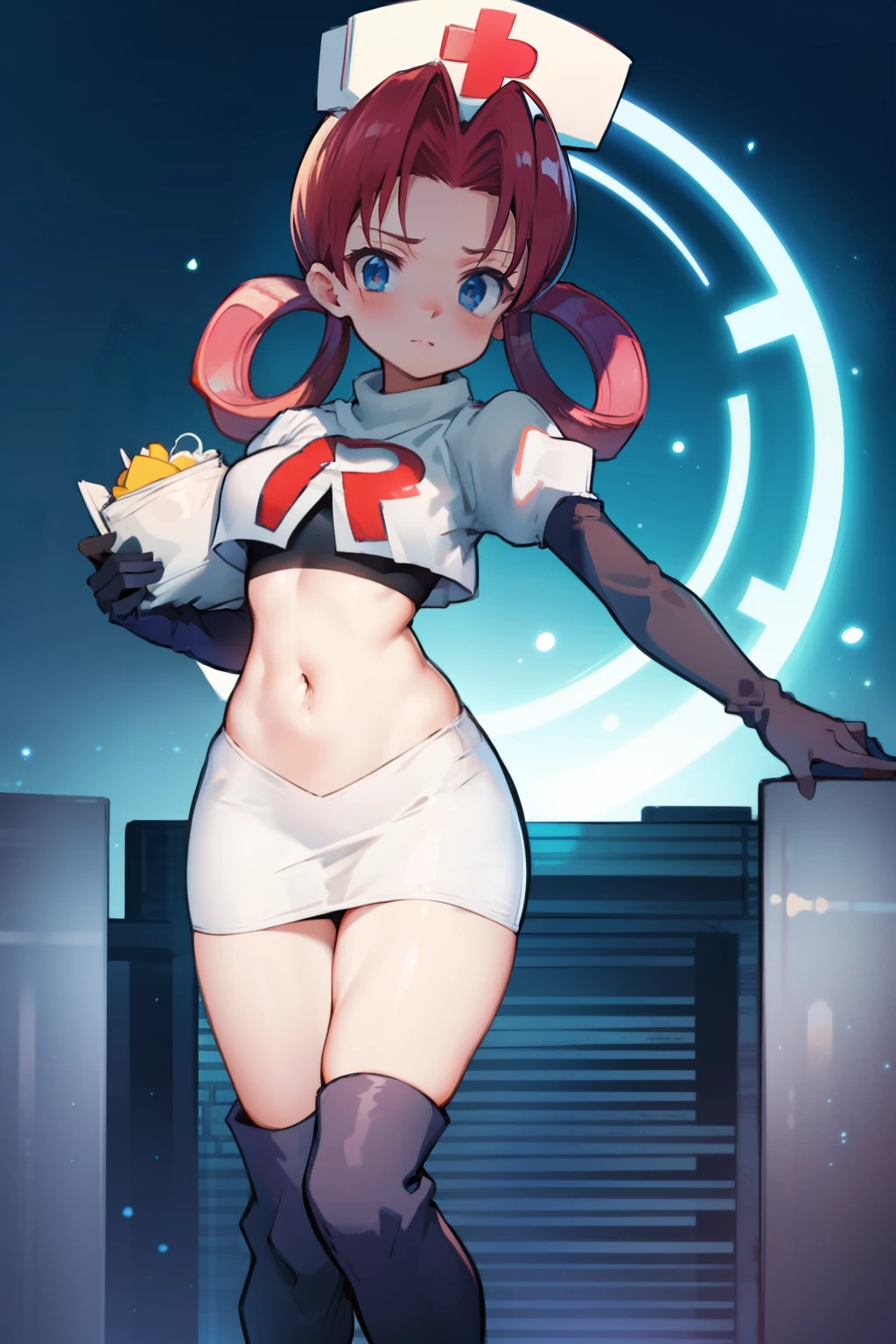 nurse joy, hair rings, bangs, team rocket,team rocket uniform, red letter R, white skirt,white crop top,black thigh-high boots, black elbow gloves , looking at viewer,