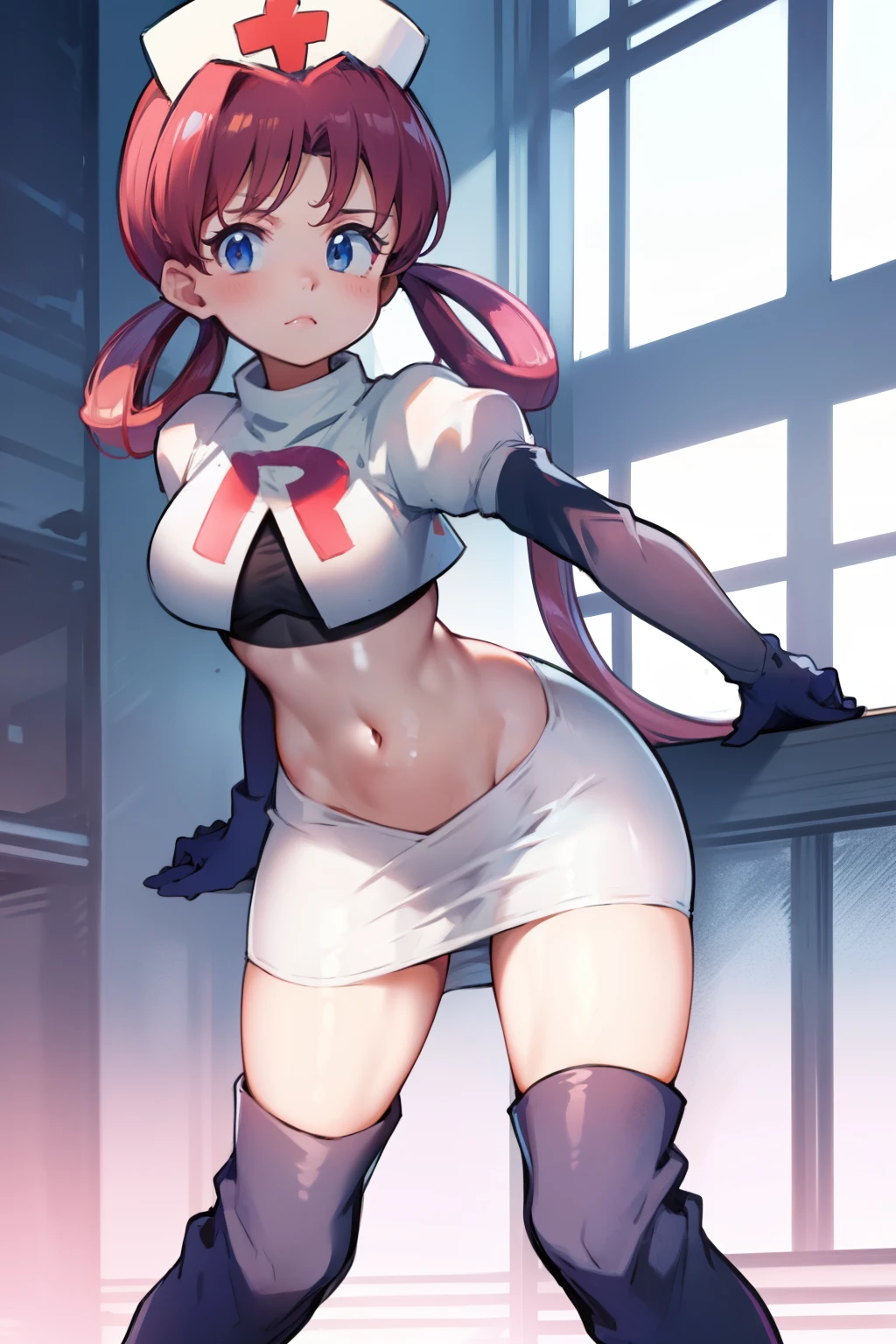 nurse joy, hair rings, bangs, team rocket,team rocket uniform, red letter R, white skirt,white crop top,black thigh-high boots, black elbow gloves , looking at viewer,