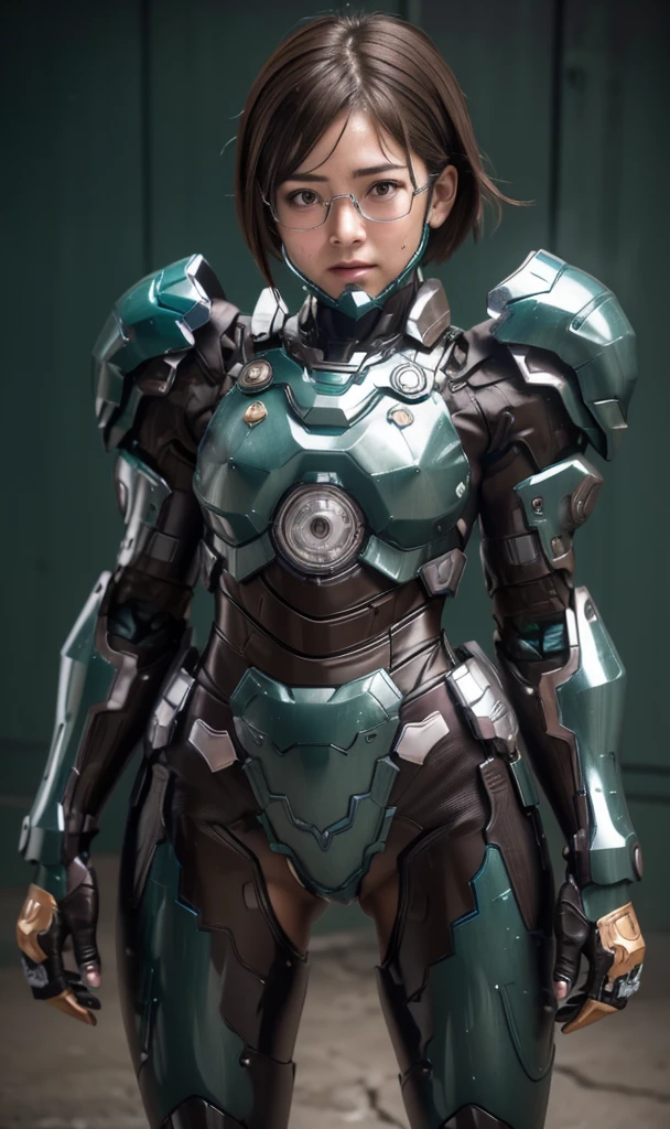 Textured skin, Super Detail, high details, High quality, Best Quality, hight resolution, 1080p, hard disk, Beautiful,(War Machine),beautiful cyborg woman,Dark Green Mecha Cyborg Girl,battleing,Girl with a Mecha Body,、 high school Very Shorthair、sweaty brown eyes、Sweaty face、hitornfreckles Embarrassed expression Blushing cute little A dark-haired ((Steam from the head)) eye glasses Crouch down Spread your crotch M leg opening (Shyness)
