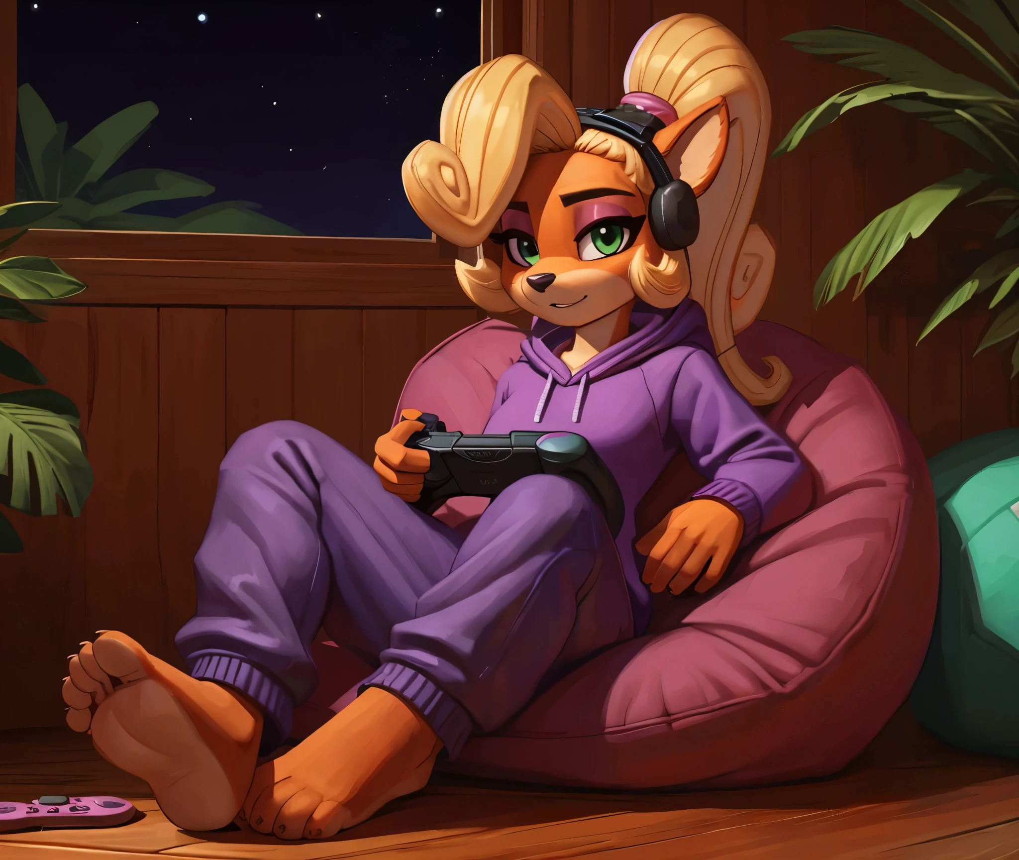 [Coco bandicoot], [Uploaded to e621.net; (Pixelsketcher), (wamudraws)], ((masterpiece)), ((HD)), ((solo portrait)), ((full body)), ((front view)), ((feet visible)), ((furry; anthro)), ((detailed fur)), ((detailed shading)), ((beautiful render art)), ((intricate details)), {anthro; orange fur, black nose, (cute green eyes), (short eyelashes), (pink eyeshadow), (long blonde curly hair), (curly ponytail), (curvy hips), (beautiful legs), (beautiful feet), (blushing), (focused expression)}, {(purple sweatshirt hoodie), (purple sweatpants), (pink gamer headset on head)}, {(sitting on bed), (crossed legs), (legs spread open), (playing video game), (controller in hands)}, [background; (tropical forest), (bedroom), (beanbag), (gaming console), (wood window), (wood floor), (nighttime), (starry sky), (ambient lighting)]