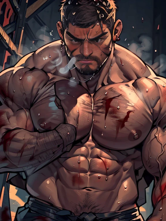 3D Photorealistic, Masterpiece realistic, best high quality, perfect details, RAW Photo, intricate details, nice lighting, 4K, detailed background, (excessive huge muscle:1.7), (huge buff muscle:1.6), (veiny muscle:1.7), Chris Redfield from resident evil, hot beard, shirtless, boxer, looking at viewer, lightning eyes, unflex abs, on back, muscular, bruises, sweat, blood, steam, red glove, posing, (look at viewer:1.6), huge bulge, beaten down (beaten down: 1.99), (exhausted:1.9, sweat:1.9, bruised:1.9, blood:1.9), details physic muscle, (hard breathing:1.9), mouth open, high details facial expression, sad