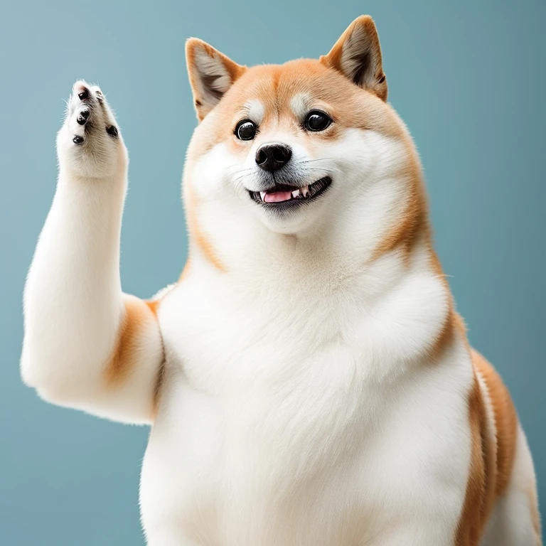 Solo,Professional photographer Swoledoge))):Buff Swoledoge:8], Grinning, Dog's body,raise a hand,Cinematic dramatic light, Smooth transition, Bokeh, simple background,Looking at Viewer,