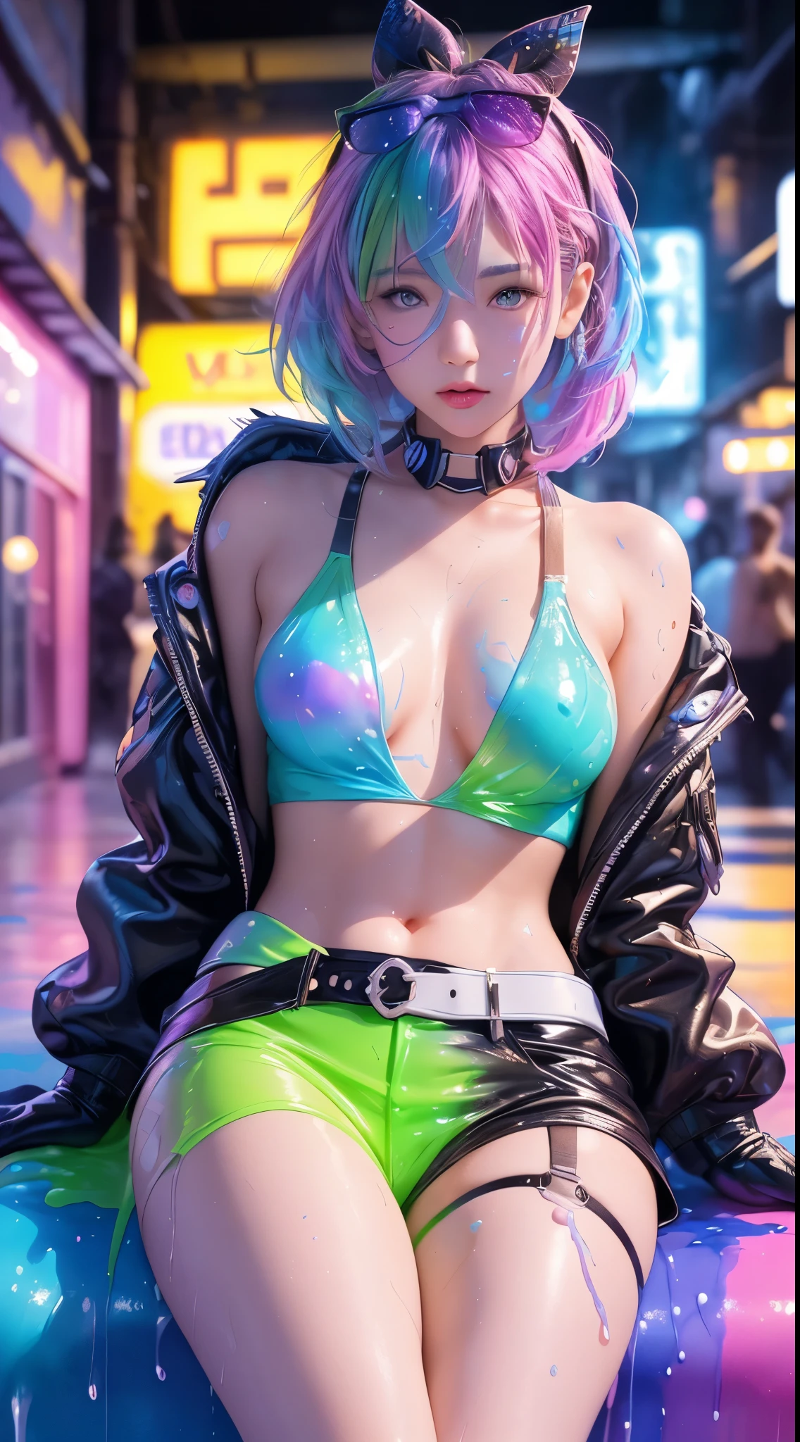 Full body, 1slime girl, li, solo, eye focus with elaborate glow, pink lens flare, movie background, colorful, hyperdetailed, HDR, ultra-detailed eyes, mature, plump, rainbow drops, (supermodel:1.3), composed of paint, fully painted, splash, splash, indoor, (bioluminescent hair: 1.1), (glowing eyes), (makeup)), ferocious, powerful, splashing colors absolutely eye-catching, dynamic angles, beautiful details glow, ambient occlusion, ambient light, ray-traced reflections, retro style, life arcade characters, arcade style world, gloves, jacket, weapons, shorts, black gloves, black jacket, gun, drill hair, black shorts, headglasses, blowing bubbles, chewing gum, (cute face:1.3),