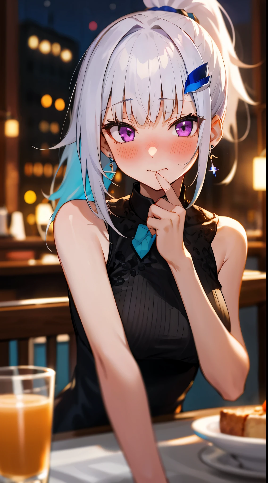 One girl with high ponytail hair, bangs, white hair, blue inner hair:1.25) , purple eyes, looking at viewer, blushing, embarrassed, indoor, cafe, table, sitting, black sleeveless dress, bare hands, earrings, mid-chest, night atmosphere, hair ornament, medium breasts, upper body, focus, blurry background