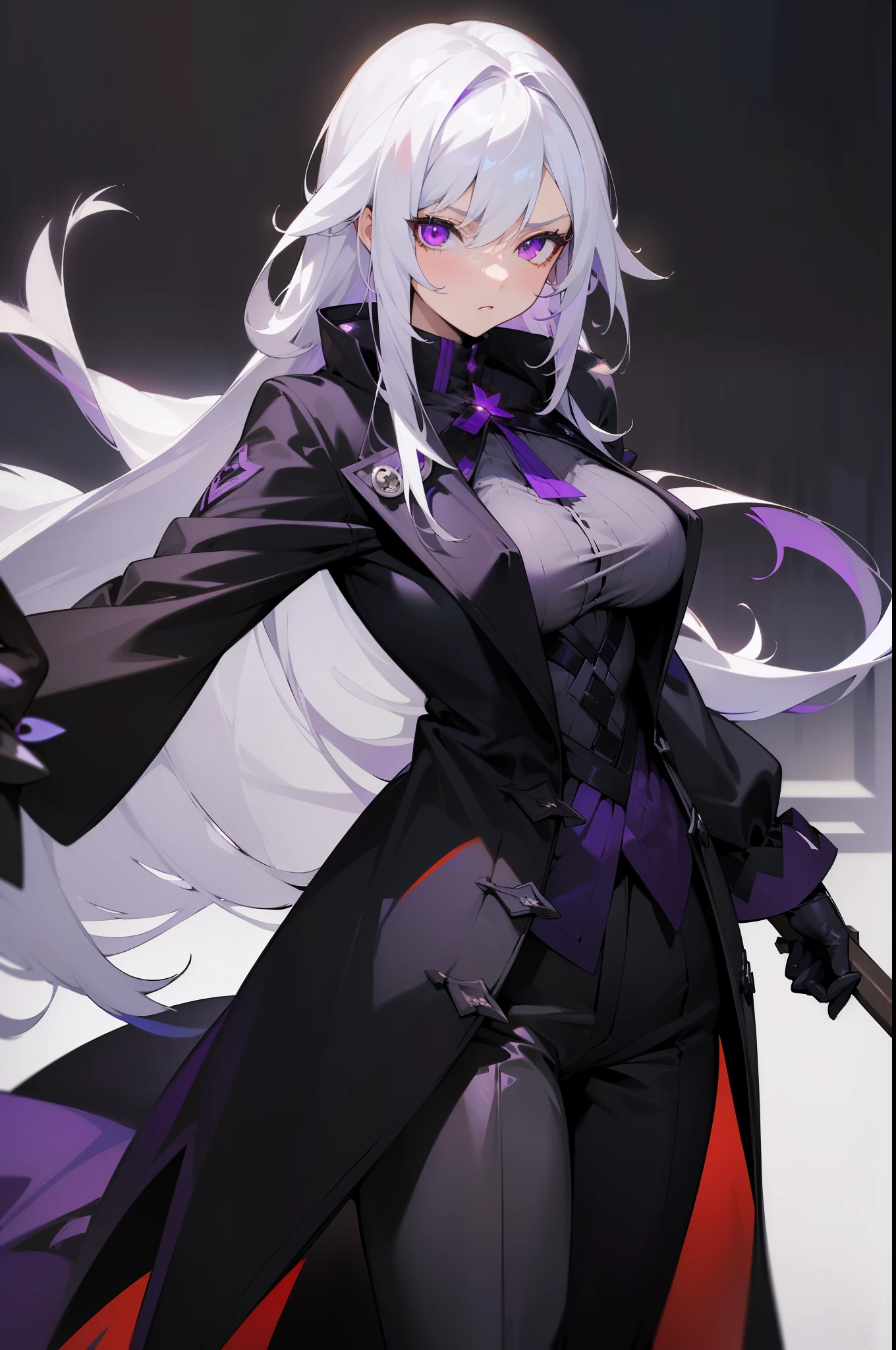 (masterpiece, best quality:1.2), illustration, 8k, hd, 1girl, solo, ((long hair, white hair, purple eye, black coat)), large breasts, black pants, arle suit, serious expression, tall, mature, elegant, black gloves,