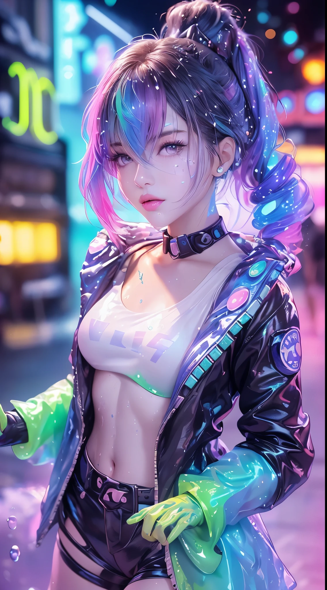 Full body, 1slime girl, li, solo, eye focus with elaborate glow, pink lens flare, movie background, colorful, hyperdetailed, HDR, ultra-detailed eyes, mature, plump, rainbow drops, (supermodel:1.3),(bioluminescent hair: 1.1), (glowing eyes), (makeup)), ferocious, powerful, splashing colors absolutely eye-catching, dynamic angles, beautiful details glow, ambient occlusion, ambient light, ray-traced reflections, retro style, life arcade characters, arcade style world, gloves, jacket, weapons, shorts, black gloves, black jacket, gun, drill hair, black shorts, headglasses, blowing bubbles, chewing gum, (cute face:1.3),
