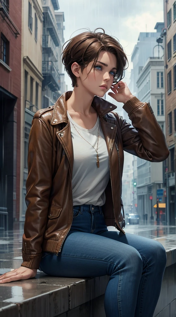 Beautiful short pixie brown hair woman blue eyes wearing brown aviator jacket blue jeans sitting on building under rain sad face crying eyes