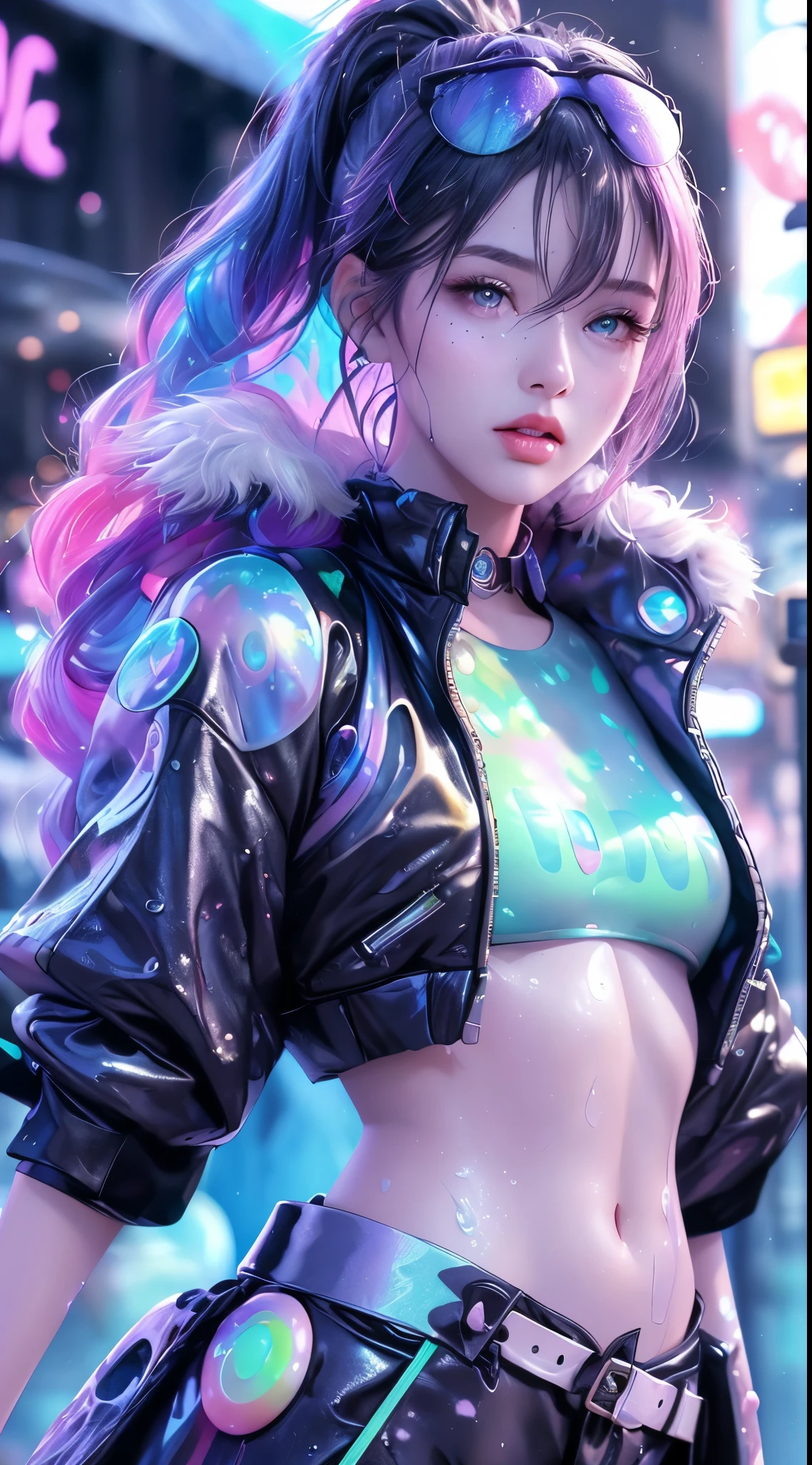 Full body, 1slime girl, loli, solo, eye focus with elaborate glow, pink lens flare, movie background, colorful, hyperdetailed, HDR, ultra-detailed eyes, mature, plump, rainbow drops, (supermodel:1.3),(bioluminescent hair: 1.1), (glowing eyes), (makeup)), ferocious, powerful, splashing colors absolutely eye-catching, dynamic angles, beautiful details glow, ambient occlusion, ambient light, ray-traced reflections, retro style, life arcade characters, arcade style world, gloves, jacket, weapons, shorts, black gloves, black jacket, gun, drill hair, black shorts, headglasses, blowing bubbles, chewing gum, (cute face:1.3),