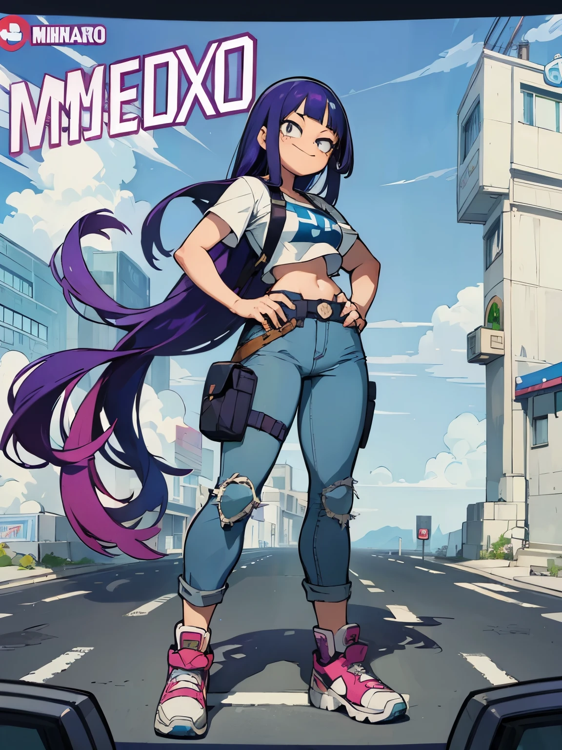 (((My Hero Academia Style))), 1girl, female, Miko Kubota, (Full Body Photo:1.5), purple girl, Light skin female, light-skinned girl, blue eyes, long hair, Violet blue hair with magenta shine, hime cut hair, asymmetrical bangs, long side bangs, confident smile, medium breasts, wide hips, round hips, wide thighs, thick thighs, straight jean mid-rise pants, straight jean pants, denim pants, mid-rise pants, blue and white long-sleeved cropped t-shirt, long-sleeved cropped t-shirt, short blue and white t-shirt, short t-shirt, blue sports shoes, sports shoes, Perfect anatomy, perfect hands, super detailed, standing, standing pose, cowboy shot, cowboy shot pose, peace sign, peace sign pose, Beach road background, beach road, road background, beach background, ((Glitch Techs series Style)),