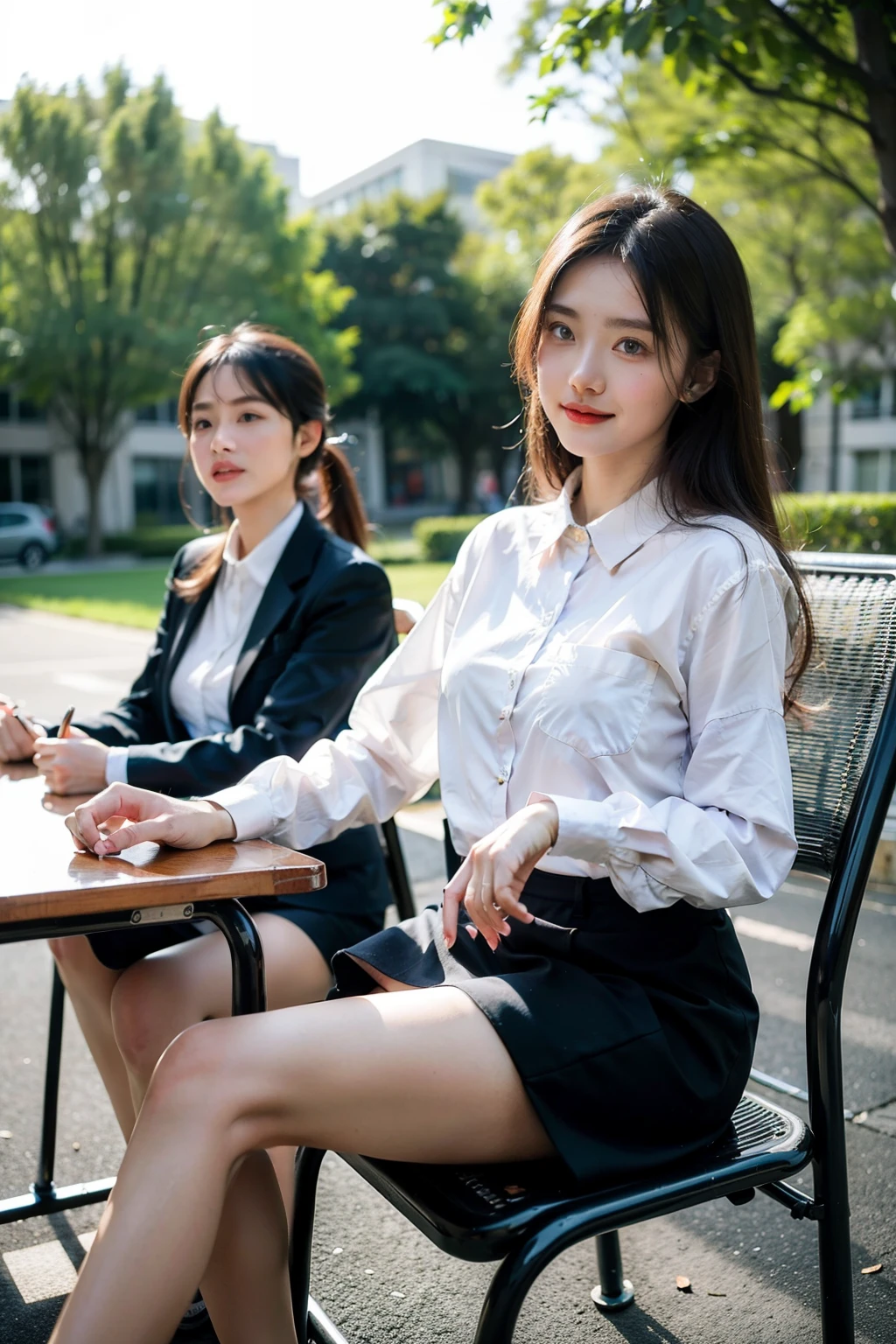 ((Best quality at best)), ((tmasterpiece)), (detailed), The background is an outdoor chair,natural face,Many people sitting together and recording work,long sleeve work uniform