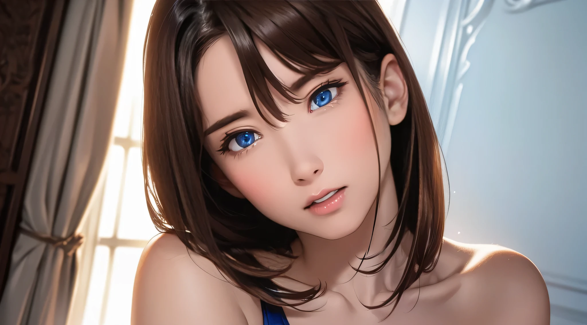 Extreme close-up,1girl in,(Ultra detailed skin),Curve,Petite,Beautiful breasts,(Large breasts),pale skin,pointed breast,Erect nipples,(Fantasy Art,Highest image quality,Hyperrealist portrait,(8K),Ultra-realistic,Best Quality, High quality, High Definition, High quality texture,high detailing,Beautiful detailed,fine detailed,extremely details CG,Detailed texture,realistic representation of face,masutepiece,presence,Dynamic,Bold),Short hair,(super thin hair),(ultra soft hair),(ultra straight hair:1.5),Swept long bangs,Extra bright coppery amber hair,Hair over one eye,Clothed,Swimsuit