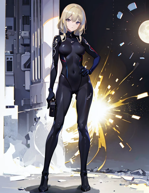 1girl in, plugsuit, Mature Woman, Leotard, Bare legs, long boots, gloves, glowing body, the light that surrounds her body, light Particle, Space background, Standing, put hands on the hip, Cowboy Shot, Full body shot, super powers, Perfect Anatomy, Cowboy Shot.skyscraper，fullmoon，