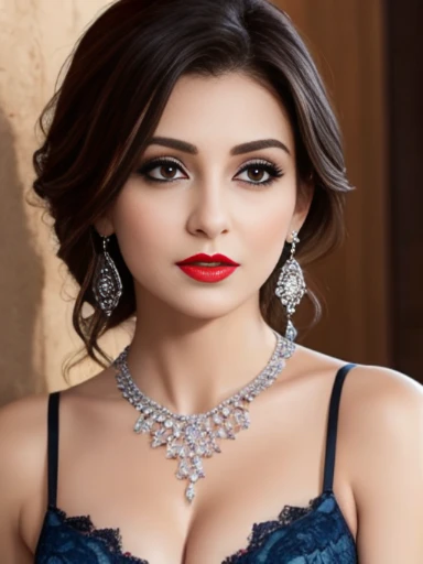 Lebanese lady, diamond dangling earrings, necklace, bracelets, small breasts, 40 years old, smokey eyes, cleavages, lace blue bra, red lips,