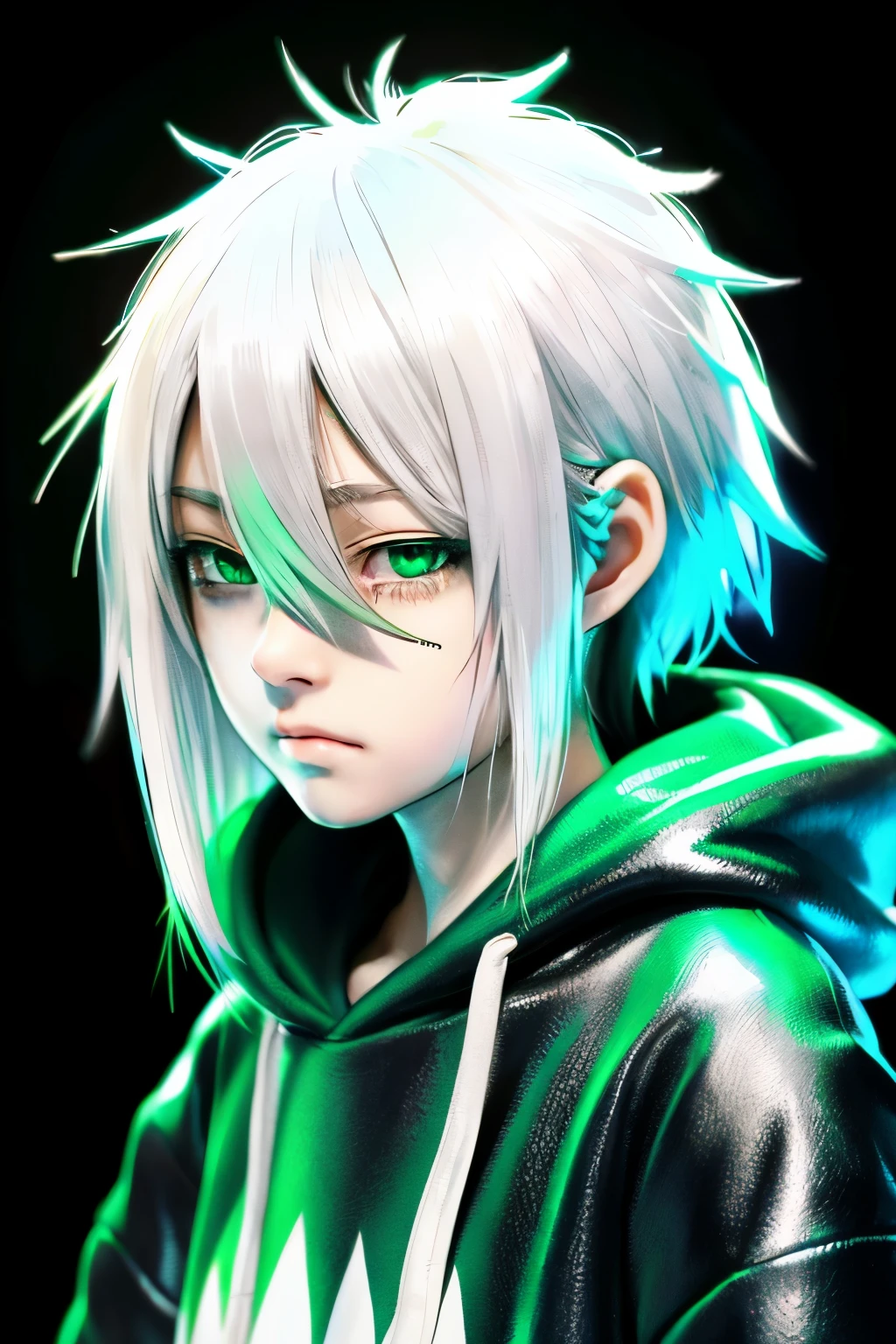 Silver hair, white tips, shota, baby face, green eyes, green tips, hoodie, cyberpunk, crying mask, bouncing hair, earrings, stupid hair, long nape, heavy bangs, whole body illustration