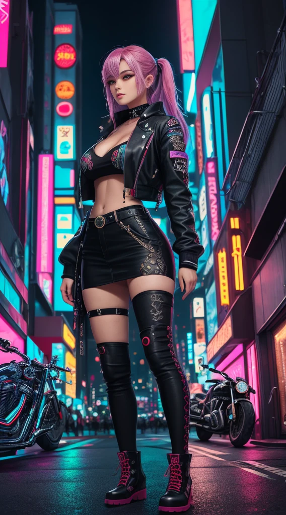 masterpiece, best quality, Confident cyberpunk girl, full body shot, ((standing in front of motorcycle)), Harajuku-inspired pop outfit, bold colors and patterns, eye-catching accessories, trendy and innovative hairstyle, vibrant makeup, Cyberpunk dazzling cityscape, skyscrapers, neon signs, LED lights, bright and vivid color scheme, anime, illustration, detailed skin texture, detailed cloth texture, beautiful detailed face, intricate details, ultra detailed.