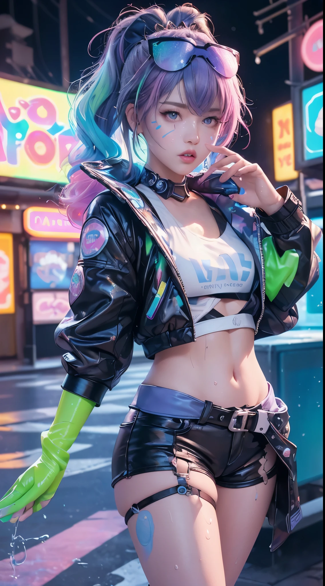 Full body, 1slime girl, loli, solo, eye focus with elaborate glow, pink lens flare, movie background, colorful, hyperdetailed, HDR, ultra-detailed eyes, mature, plump, rainbow drops, (supermodel:1.3), composed of paint, fully painted, splash, splash, indoor, (bioluminescent hair: 1.1), (glowing eyes), (makeup)), ferocious, powerful, splashing colors absolutely eye-catching, dynamic angles, beautiful details glow, ambient occlusion, ambient light, ray-traced reflections, retro style, life arcade characters, arcade style world, gloves, jacket, weapons, shorts, black gloves, black jacket, gun, drill hair, black shorts, headglasses, blowing bubbles, chewing gum, (cute face:1.3),