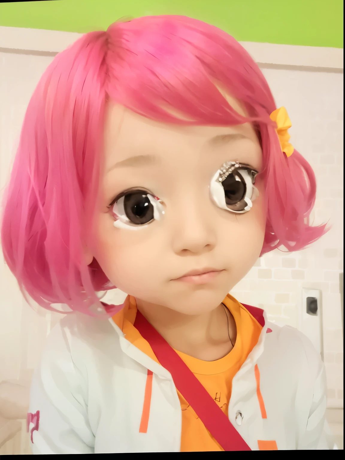 a girl wearing an orange t-shirt and white jacket with pink hair