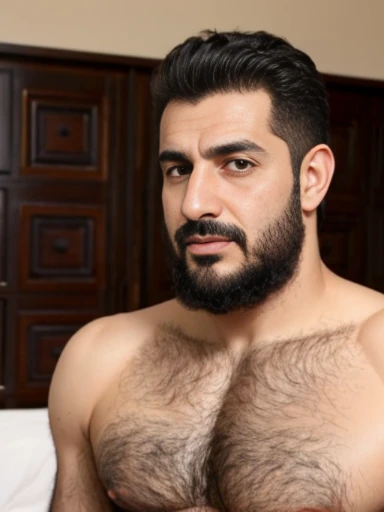 Lebanese man, ugly, short black hair, facial hair, lazy, 50 years old, nudity, bedroom, thick hairy body