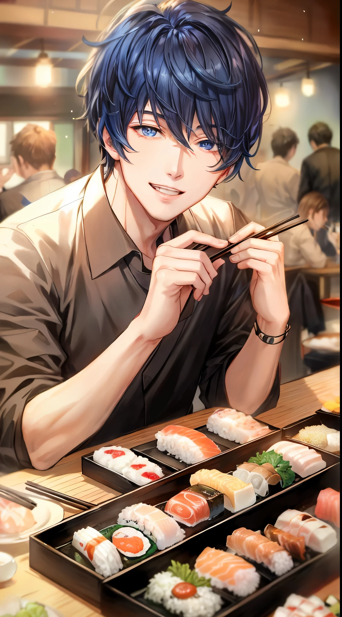 Handsome man、blue eyess、holding chopsticks、Cool Face、Clothes are black、Very detailed CG Unity 8K wallpaper, (Super masterpiece, Beautiful person, well detailed face polluted smile, Photorealistic, hyper realisitic)、sushi izakaya background、jpn