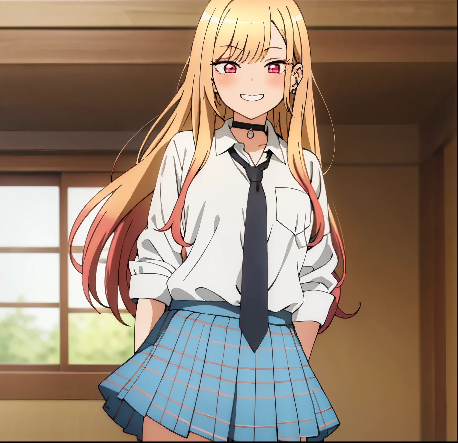 masterpiece, best quality, highres, kitagawa marin, 1girl, alone blonde hair, long hair, multicolored hair, red eyes, jewelry, earrings, piercing, school uniform, white shirt, tied shirt, black choker, blue necktie, plaid skirt, grin, smile, standing, cowboy shot, outdoors, good hands, good anatomy