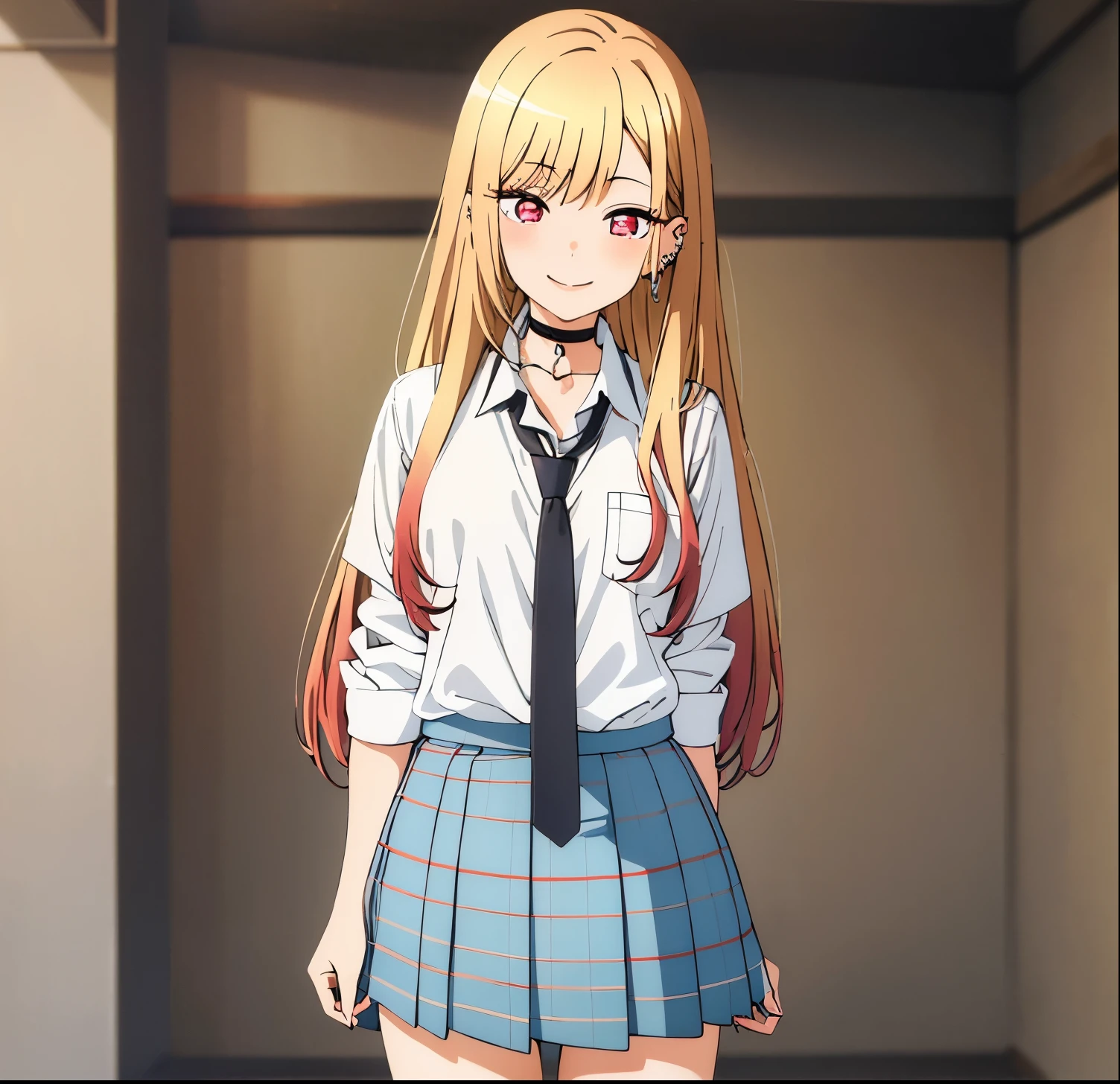 masterpiece, best quality, highres, kitagawa marin, 1girl, alone blonde hair, long hair, multicolored hair, red eyes, jewelry, earrings, piercing, school uniform, white shirt, tied shirt, black choker, blue necktie, plaid skirt, grin, smile, standing, cowboy shot, outdoors, good hands, good anatomy