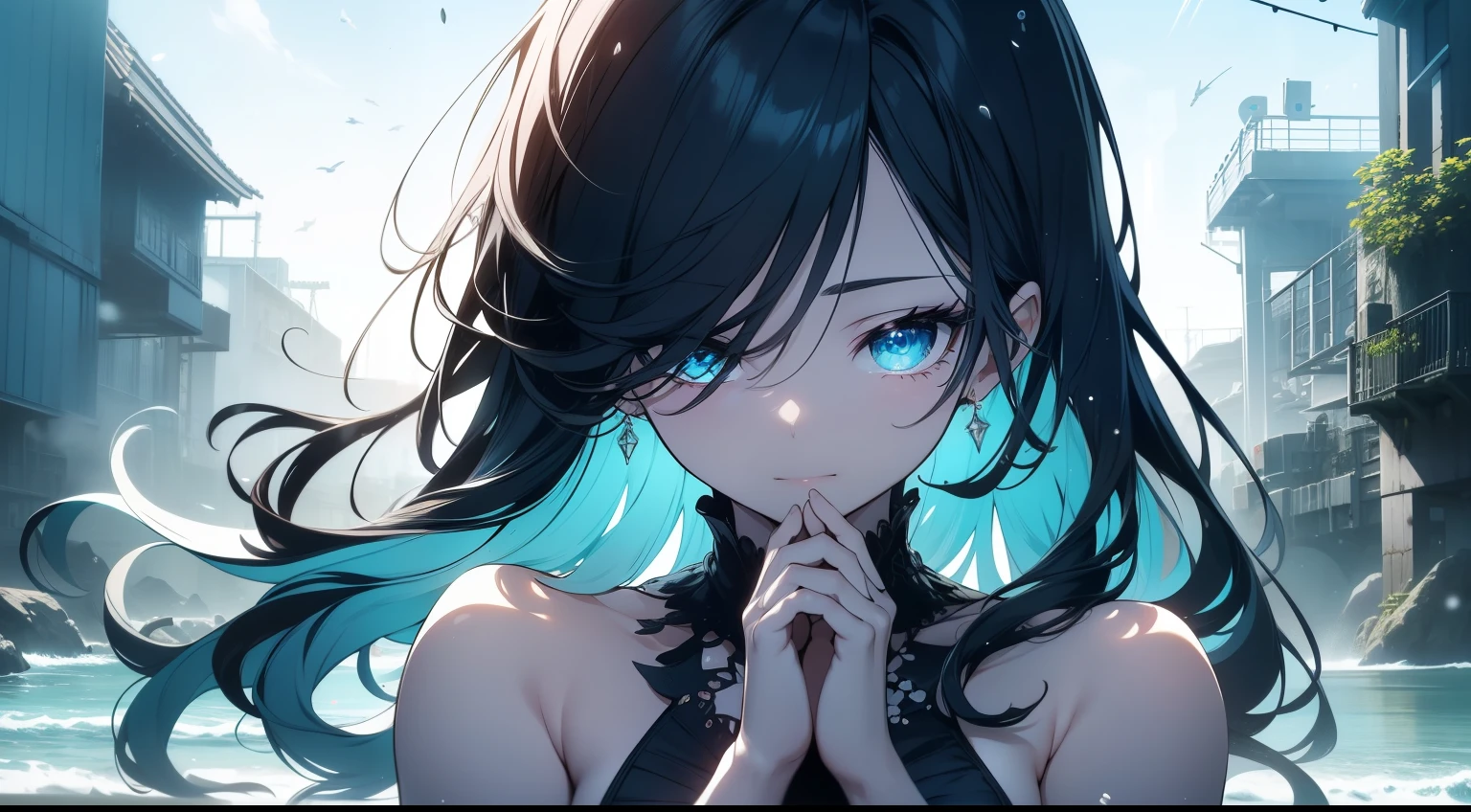 Walking alone on the beach、Ultramarine Sky、Woman with long black hair、Simple ultramarine dress、Slim type、small tits、(Extremely delicate and beautiful: 1.2)、Depression、An expression that hides sadness、Sea of Japan scenery、(masterpiece, best qualtiy, 超A high resolution), 1girl in, pale skin, ((blue Eyes)), blazing_Eyes, neon Eyes, (ultra detailed Eyes, beautiful and detailed face, detailed Eyes), ((Centered)), Smile, ((Wide Shot)), face to the viewer, Eye level, (blurry Background, bright snowy Background, Winters), flat-chest, Looking at Viewer, ((half closed Eyes)), ((Perfect hands)), (((Head, missiles, lower back, Elbows, In view))), ((hands behind back)), empty Eyes, Beautiful lighting, Outside, Outdoors, Background, defined subject, 25 years old,