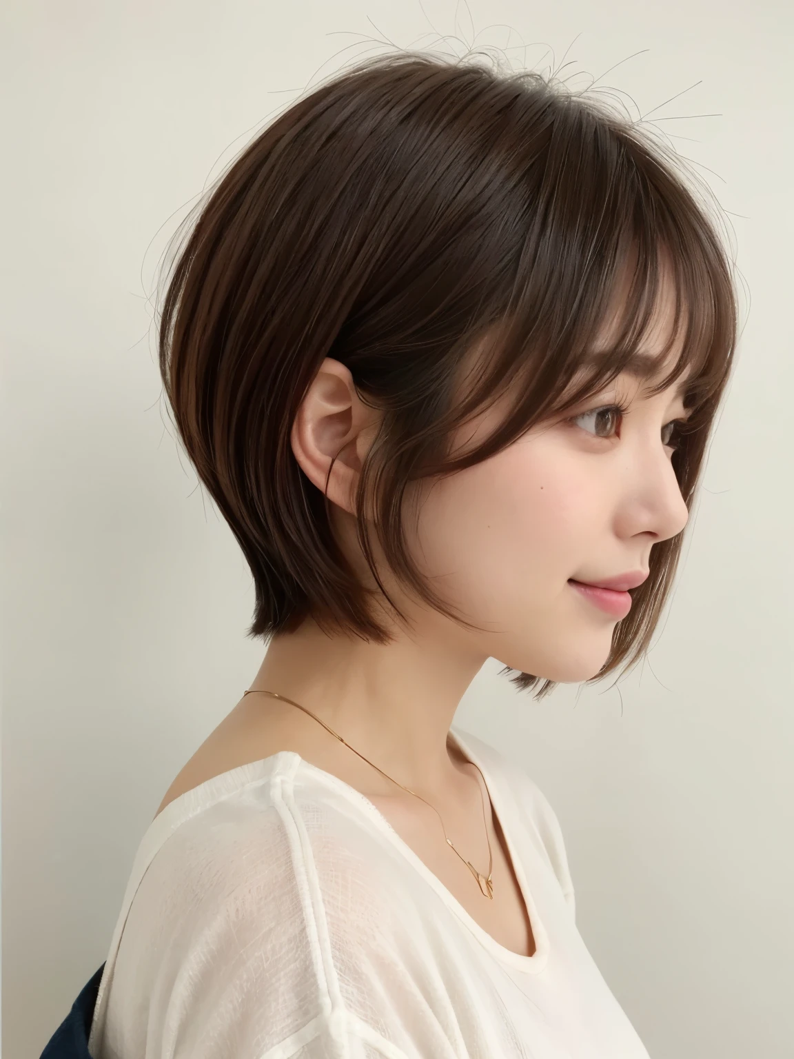 white walls、Taken in front of the white door、(窓のあるwhite wallsの部屋)、(8K、Raw photography、top-quality、masterpiece:1.2)、high-definition RAW color photography、professional photograpy、(realisitic、フォトrealisitic:1.37)、Shot in natural light、1girl in、A smile、(Poses variadas)、Crouch down、crouching down、BREAK (Ombre:1.3) 、Winter clothes、 Necklace、(Beautiful profile:1.3)、Don't look at the camera、profile、short-cut、((Brown hair)、short-hair、Eye color is dark brown、(Beautiful profile:1.3)、correct hand of human body、Depressed、pastel clothing