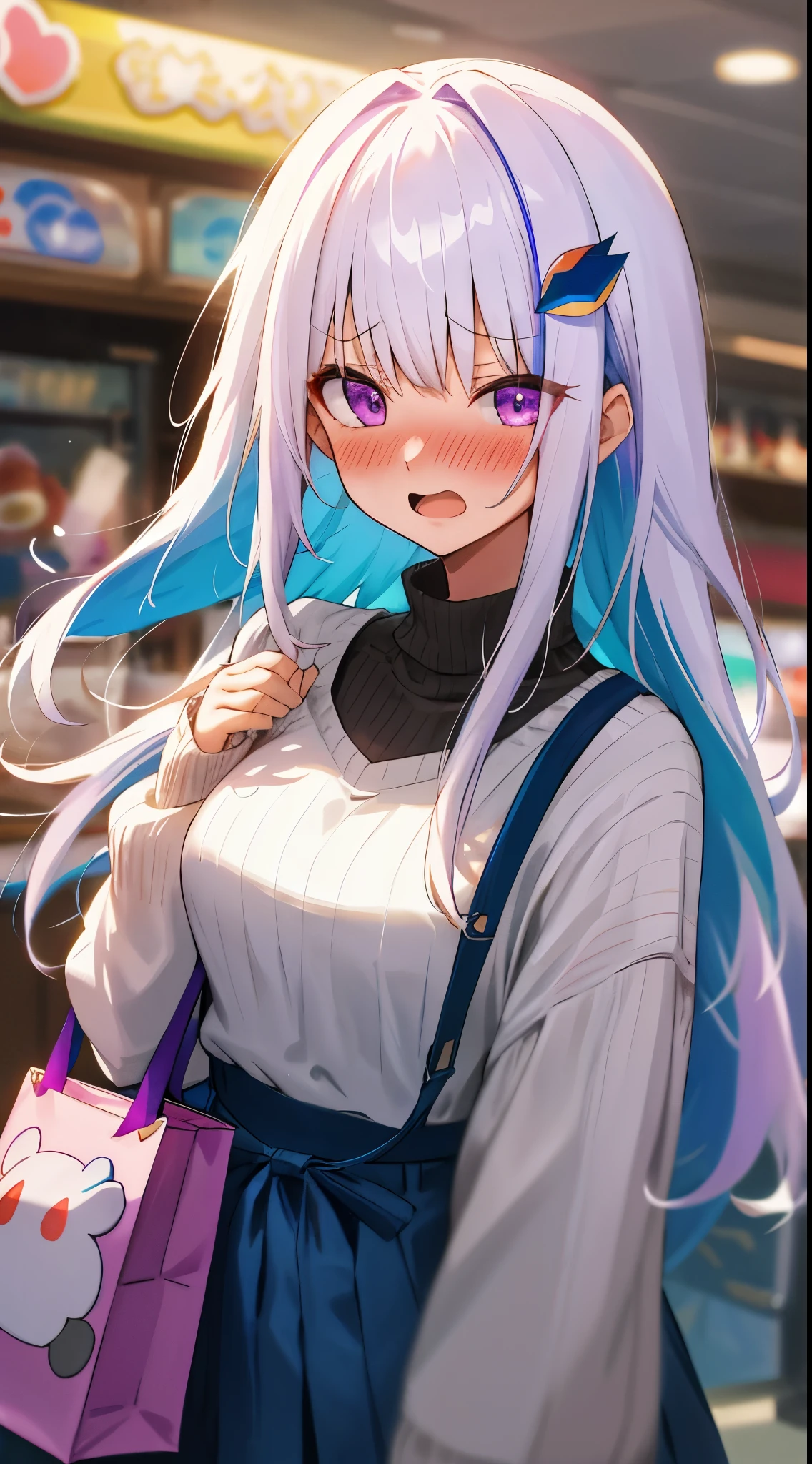 One girl with long hair, bangs, white hair, blue inner hair:1.25) , purple eyes, blushing, embarrassed, open mouth, sweaters, indoor, game center, claw machine, bag, standing, dizzy, mid-chest, day atmosphere, hair ornament, medium breasts, upper body, focus, blurry background