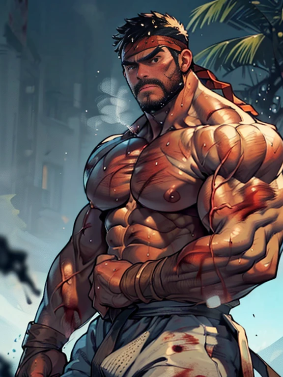3D Photorealistic, Masterpiece realistic, best high quality, perfect details, RAW Photo, intricate details, nice lighting, 4K, detailed background, (excessive huge muscle:1.7), (huge buff muscle:1.6), (veiny muscle:1.7), Ryu from street fighter, facial hair, hot beard, shirtless, looking at viewer, lightning eyes, unflex abs, collapse and back down, muscular, bruises, sweat, blood, steam, red glove, posing, (look at viewer:1.6), huge bulge, beaten down (beaten down: 1.99), (exhausted:1.9, sweat:1.9, bruised:1.9, blood:1.9), details physic muscle, (hard breathing:1.9), mouth open, high details facial expression, sad