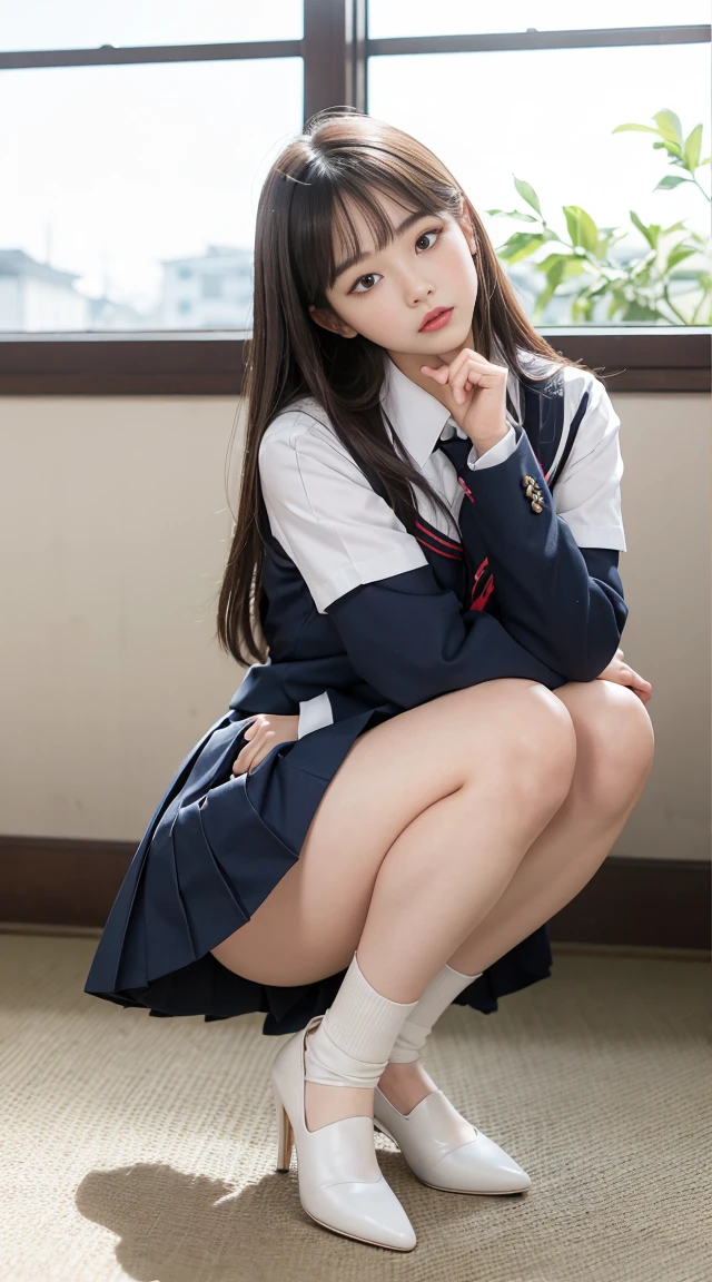 Rest your hands on your knees、((White is clearly visible))、(Crouching shot)、二重まぶた、Perfect Finger、proporções perfeitas、immensity、eyeslashes、High heels on the floor、Beautiful and delicate eyes are very detailed.、A high resolution、otherworldly beauty、quality、masterpiece、((Japanese girls high school uniform))、very detailed expression、School Classroom、Highly detailed appearance、an 18 year old girl、frontage、(((dynamicposes)))、((sit on legs,knee bend))、Sexy upper eye、low angles、(((White is clearly visible)))、M-shaped leg pose