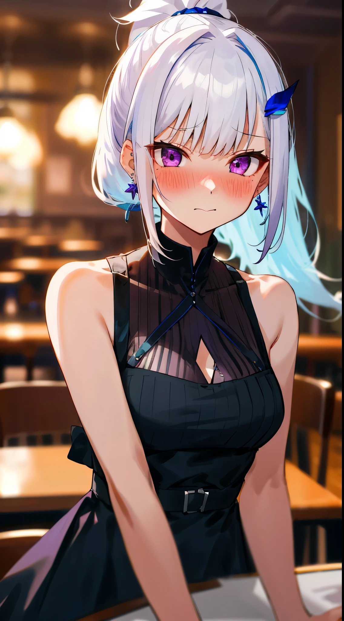 One girl with high ponytail hair, bangs, white hair, blue inner hair:1.25) , purple eyes, looking at viewer, blushing, embarrassed, indoor, cafe, table, sitting, black sleeveless dress, bare hands, earrings, mid-chest, night atmosphere, hair ornament, medium breasts, upper body, focus, blurry background