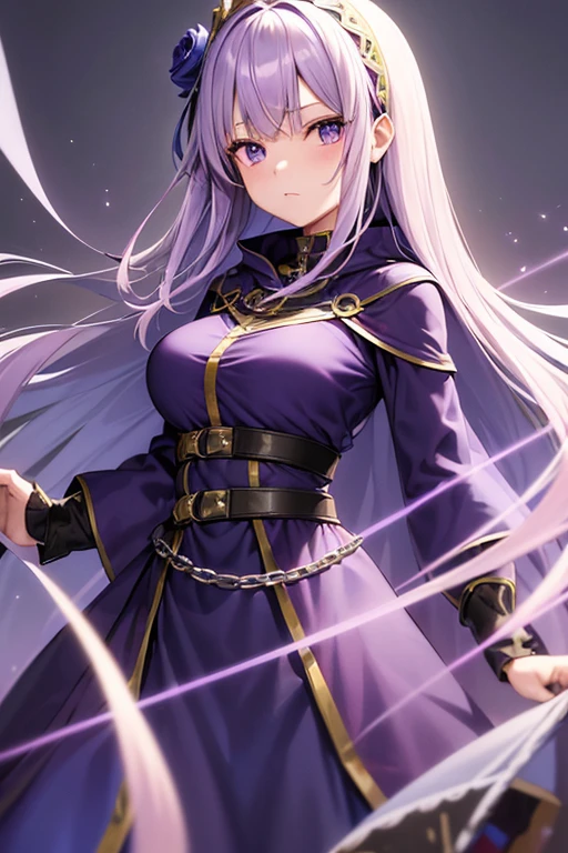 masutepiece, Best Quality, ((teens girl))、((Beautiful detailed eyes))、 (Detailed light)、depth of fields、Light purple hair、Light purple eyes、very long hair、light purple long dress,medium breasts、((Dark blue cloak)),((straight hair))、Chain Belt
