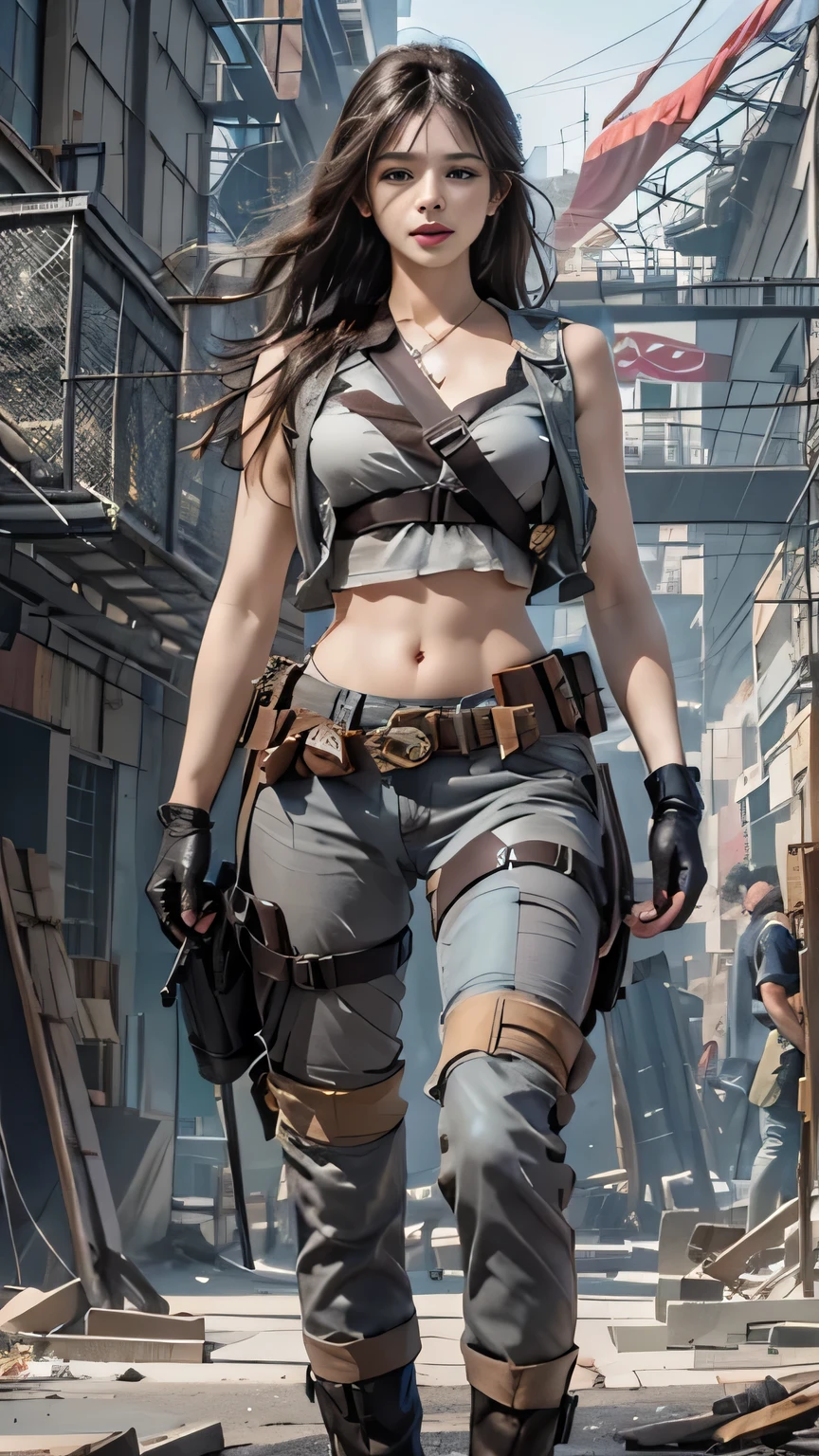 realisticlying, A high resolution, 1人の女性, Alone, hip-up, view the viewer, (详细的脸), long whitr hair, SWAT vests, jewely, medium chest circumference, battlefield outfit, Silver set, Bare belly and shoulders, Bare with thighs, Architectural background, foot on foot,,