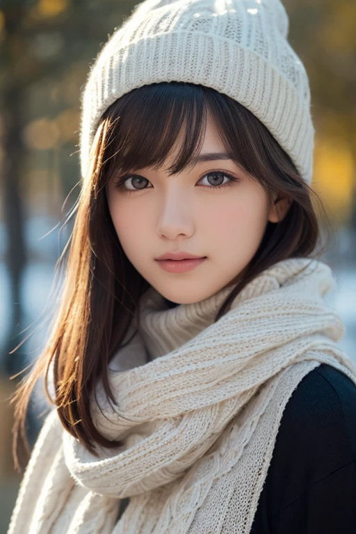 1girl in, (Wear winter clothes:1.2), (Unripe, Best Quality), (Realistic, Photorealsitic:1.4), masutepiece, Extremely delicate and beautiful, Extremely detailed, 2k wallpaper, amazing, finely detail, the Extremely Detailed CG Unity 8K Wallpapers, Ultra-detailed, hight resolution, Soft light, Beautiful detailed girl, extremely detailed eye and face, beautiful detailed nose, Beautiful detailed eyes, Cinematic lighting, Winter scene, Perfect Anatomy, Slender body, rich and big breasts, Straight semi-long hair, Bangs, Looking at Viewer, A slight smil,Brown eyes,big knit hat,thick thick knit muffler,tight pure white turtleneck sweater,Woolen coat,The front of the coat is open,((Scarf Hair)),sixteen years old