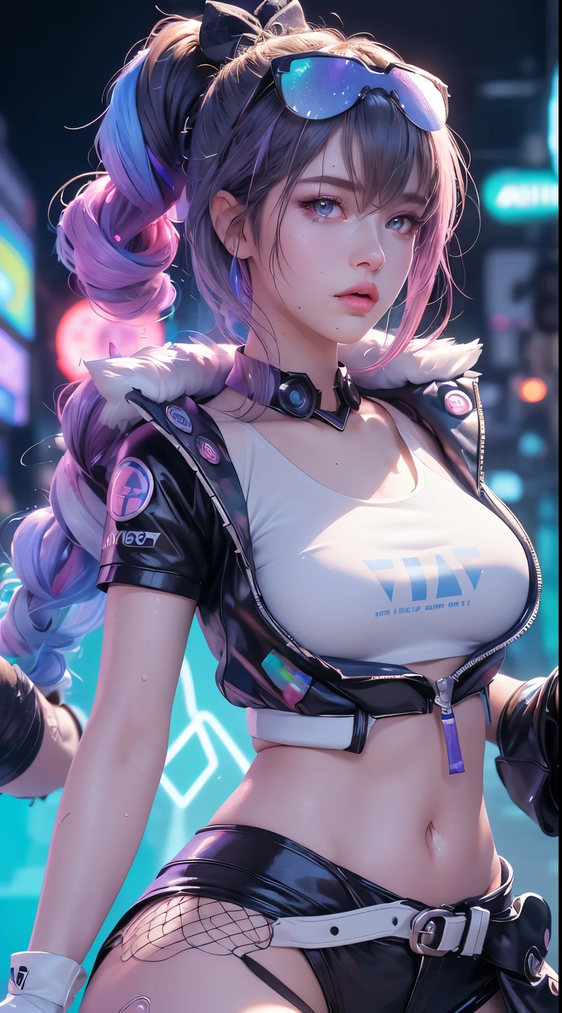 Full body, 1slime girl, li, solo, eye focus with elaborate glow, pink lens flare, movie background, colorful, hyperdetailed, HDR, ultra-detailed eyes, mature, plump, rainbow drops, (supermodel:1.3), (bioluminescent hair: 1.1), (glowing eyes), (makeup)), ferocious, powerful, splashing colors absolutely eye-catching, dynamic angles, beautiful details glow, ambient occlusion, ambient light, ray-traced reflections, retro style, life arcade characters, arcade style world, gloves, jacket, weapons, shorts, black gloves, black jacket, gun, drill hair, black shorts, headglasses, blowing bubbles, chewing gum, (cute face:1.3),