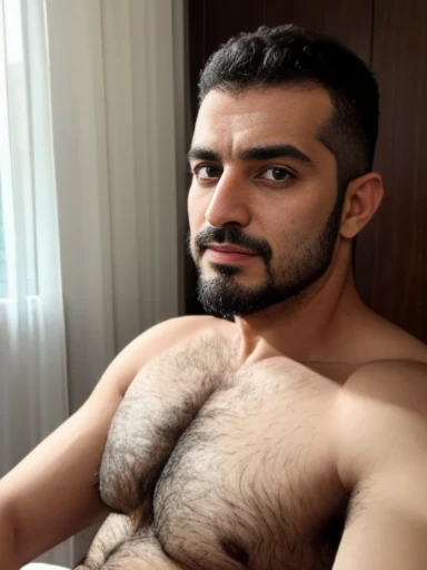 Lebanese man, ugly, short thin hair, facial hair, lazy, 50 years old, nudity, bedroom, hairy body