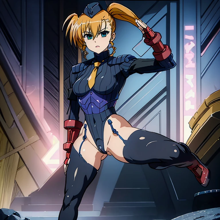 ultra-detailed, Explicit, Beautiful body, Beautiful Nose, Beautiful character design, perfect eyes, perfect face, ultra highres, 4K, beautiful legs, perfect legs, Nice hands, Perfect hand, Masterpiece, Best Quality, Highly detailed, illustration, absurdres, street fighter, doll suit, shadaloo doll, dollsuit, expressionless, blank eyes, looking at viewer, red gloves, emotionless, black latex, corrution, mind control, female combatant, full body, hypnotized, unhappy trance, full body suit, ribbed bodysuit, both arms at side, obey, perfect female body, extremely glossy latex, hypnosis, hypnoLora, empty eyes, Mind control device, poses, submissive_pose, Slave, hat, necktie, stand up straight, standing, standing at attention, hat, necktie, belt, latex, ribbed bodysuit, thighhighs, garter belt, Fighting Stance, extending the right arm from the shoulder into the air with a straightened hand, nazi saluting, military, military saluting, salute, thigh boots, 1girl, Magical Girl Lyrical Nanoha StrikerS, Vivio Takamachi (Adult Ver.), blonde hair, side ponytail, red eyes, green eyes, blue ribbon, Heterochromia