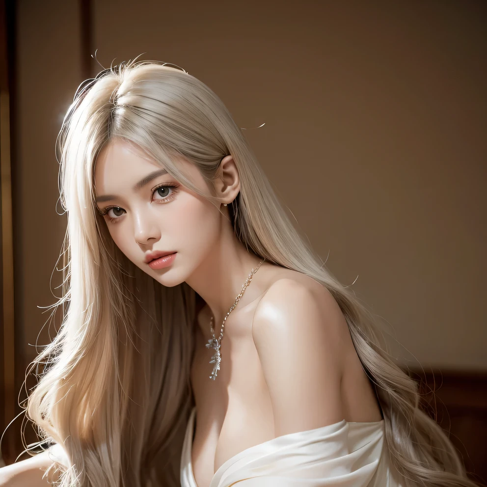 19-year-old girl, Stand alone, With flowing white hair, Gaze at the viewer with charming brown eyes. She has long black hair draped over her shoulders，Wearing fine jewelry, Includes a necklace. She wore a revealing off-shoulder low-cut nightgown, Exudes sexiness. Images should be of the highest quality, 4K or 8K resolution, Capture every tiny detail. Renderings should be extremely detailed and realistic, just like a photo. The overall art style should be based on portraits, Highlight the beauty and charm of girls. The color palette should be vibrant，Lighting should create stunning compositions.