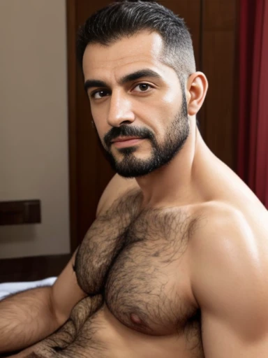 Lebanese man, ugly, short thin hair, facial hair, lazy, 50 years old, nudity, bedroom, hairy body