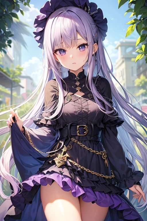 masutepiece, Best Quality, ((teens girl))、((Beautiful detailed eyes))、 (Detailed light)、depth of fields、Light purple hair、Light purple eyes、very long hair、light purple long dress,(medium breasts)、((Dark blue cloak)),((straight hair))、chain luxury belt