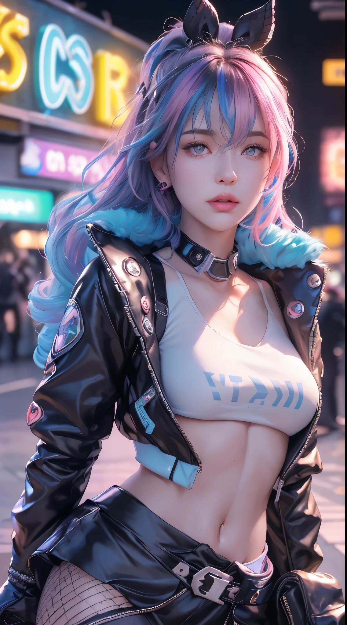 full bodyesbian, 1 slime girl, change, Alone, Eye focus with refined radiance, Pink lens flare, movie background, Colorful, the ultra-detailed, HighDynamicRange, Ultra-detailed eyes, mature, plumw, (Supermodel:1.3), (Bioluminescence hair: 1.1), (glowing light eyes), (cosmetrocious, robust, The colorful colors are absolutely eye-catching, dynamic angle, Beautiful details shine, Cinematic lighting，ray-traced reflection, vintagestyle, Life arcade characters, Arcade style world, mitts, jaket, Superskirt, black mitts, black jaket, Drill your hair, Superskirt, Head mirror, (Cute face:1.3),