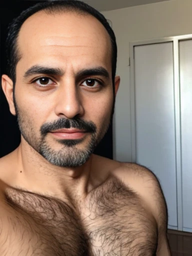 Lebanese man, ugly, short thin receding hair, facial hair, lazy, 40 years old, nudity, bedroom, hairy body