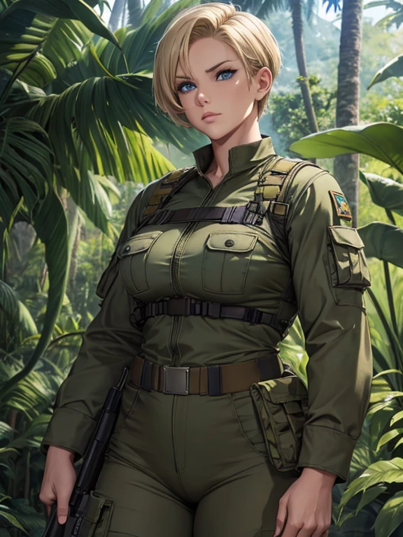 Beautiful woman short blonde hair blue eyes muscular body top military pants serious face in the jungle
