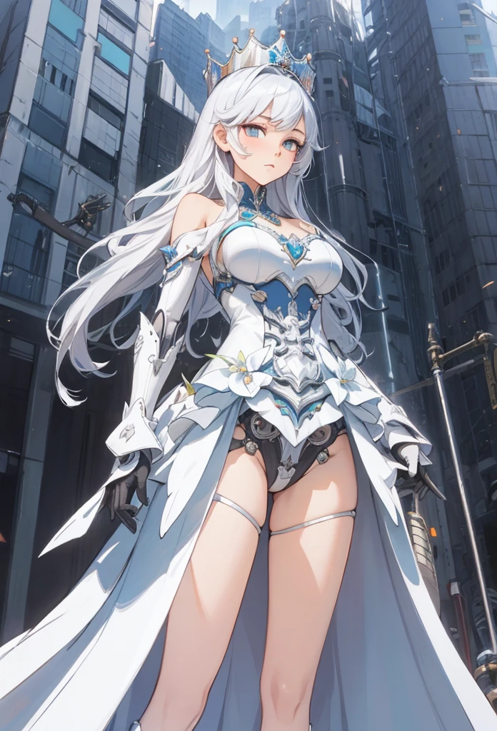 (Detailed illustrations,Very detailed and detailed drawing,Delicate lines with slow and rapid,Realistic texture expression),[Color tressed main line],[Modern city skyscrapers background],(ANIME)(A pure white GIANTROBOT Girl towering over the building area(SKINNY[SLENDER])),[AUTOMATON](A painstaking face like a sculpture[METALFACE[青白く発光するJewel-like eyes]])[(MACHINEKNIGHT)[Titanium internal skeleton](Delicate thin fingers)]],((Elegant exterior with many curved surfaces[smooth body surface])(large crown [[large raised shoulder pad]])(Ruffle Petticoat)),[TITANWEAPON[It is called the princess lily of white porcelain]Mecha Body[Metal skin][Cable running down the body surface[gear wheel]]],[Platinum coating],[科幻小说(Electromechanical)[Steampunk]],([beautiful and artistic decoration][Dense detail [White lily pattern]])[Transparency],(detaileds,high-detail),(Precisely drawn face[(Perfect and beautiful face)[Jewel-like eyes]]),[long and beautiful eyelashes],[Meticulously drawn hair [美しく艷やかな髪のdetaileds]],(完璧な手のdetaileds [Beautiful fingers without breakdowns [Beautiful nails]]),(Perfect Anatomy(Perfectly proportioned)),[Ideal color coordination(Accurate simulation of light-material interactions)],([Precision Detail](detaileds,high-detail)),(Huge feeling[Total length 40 meters])[[Full body like]][Visual art that conveys a sense of narrative].