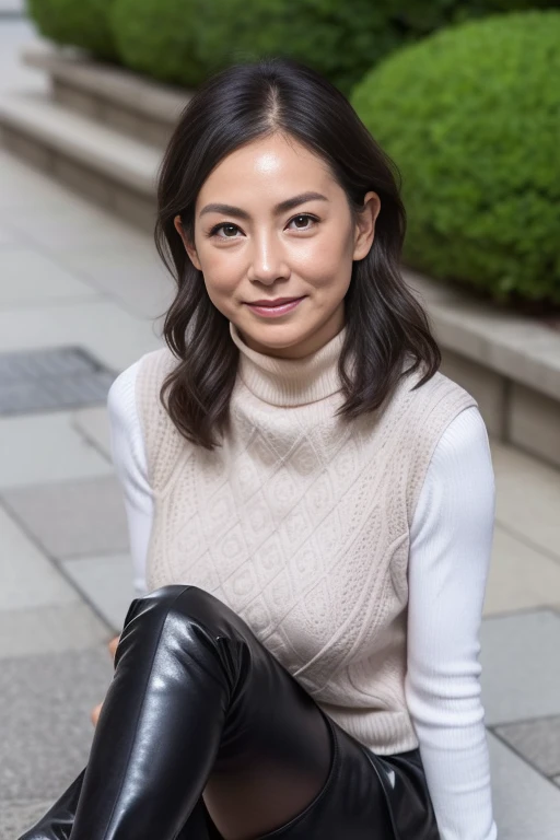 Best Quality, hight resolution, Hires, Skin definition, Detailed skin, Detailed eyes, Detailed face, 4K, 日本人A MILF, ((独奏)), (((50 years old))), (Wrinkles at the corners of the eyes:1.6), (nasolabial folds:1.3), A MILF, glamor, A sexy, Chromo-white skin, ((Wavy Longhair)), Looking at Viewer,(((my skin is old))), ((muscles are old)), (((A slender))), ((Saggy udder)), (Saggy buttocks), ((Japanese Models)), 4K, (photoRealistic:1.5), Realistic, nffsw, Beautiful, Bimbo, Perfect makeup, small diamond necklace, piercings, ((Brown coat, Nordic pattern turtleneck sweater, sleeveless, Argyle pattern pleated skirt, Black long boots )), ssmile, Public places,Full body photo,