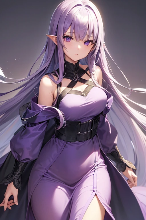 masutepiece, Best Quality, ((s girl))、((Beautiful detailed eyes))、 (Detailed light)、depth of fields、Light purple hair、Light purple eyes、very long hair、(light purple long dress),(medium breasts)、((Dark blue cloak)),((straight hair))、chain luxury belt