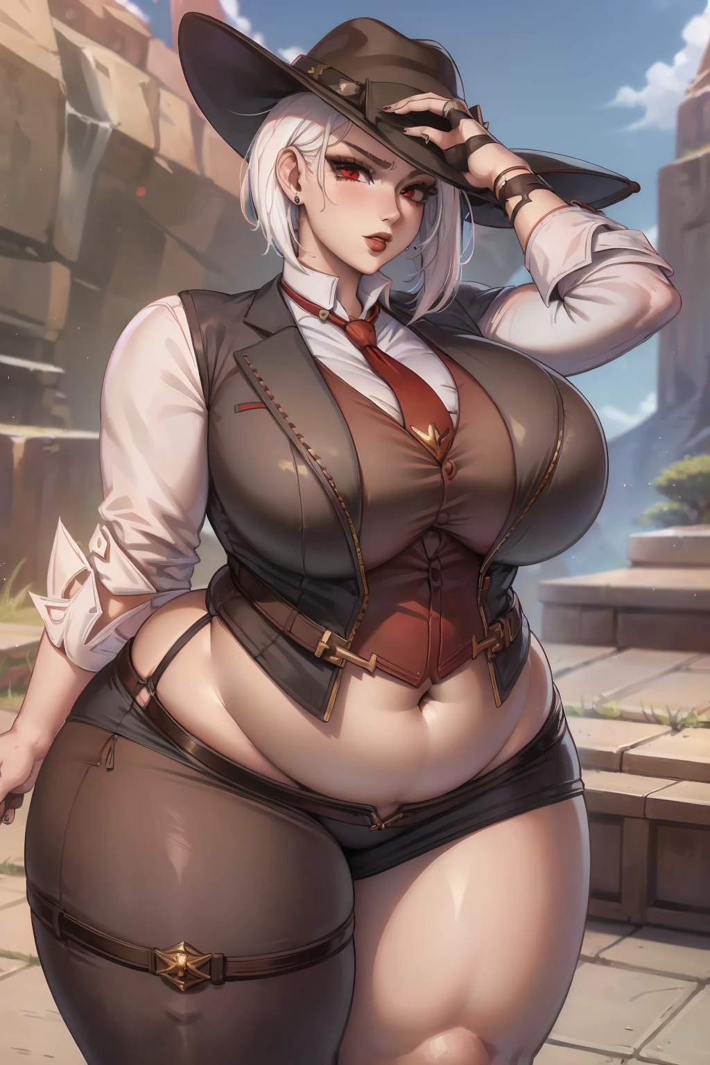 (masterpiece, best quality:1.2), 1girl, solo, full body, (realistic, photo-realistic:1.37), (8k, RAW photo, best quality, masterpiece:1.2), background, ultra-detailed, physically-based rendering, kodakvision color, bokeh, sharp focus, (solo:1.4), best quality, extremely detailed face, extremely detailed eyes and face, beautiful detailed eyes, AsheOver, 1girl, solo, hat, mole above mouth, earrings, red eyes, jewelry, cowboy hat, makeup, lipstick, looking at viewer, necktie, white hair, asymmetrical hair, red necktie, stud earrings, mole, blurry background, red lips, nose, shirt, skirt suit, (((three-piece suit))), necktie, blazer, suit jacket, waistcoat, bodycon skirt, lips, eyeshadow, portrait, short hair, medium hair, big breasts, topheavy, plump, curvy, chubby, chubby girl, big belly, (high_aesthetic:1.2), plump, (gigantic_hips:1.2), fat, sciamano240, soft shading, detailed, semi-realistic, thick thighs, obese