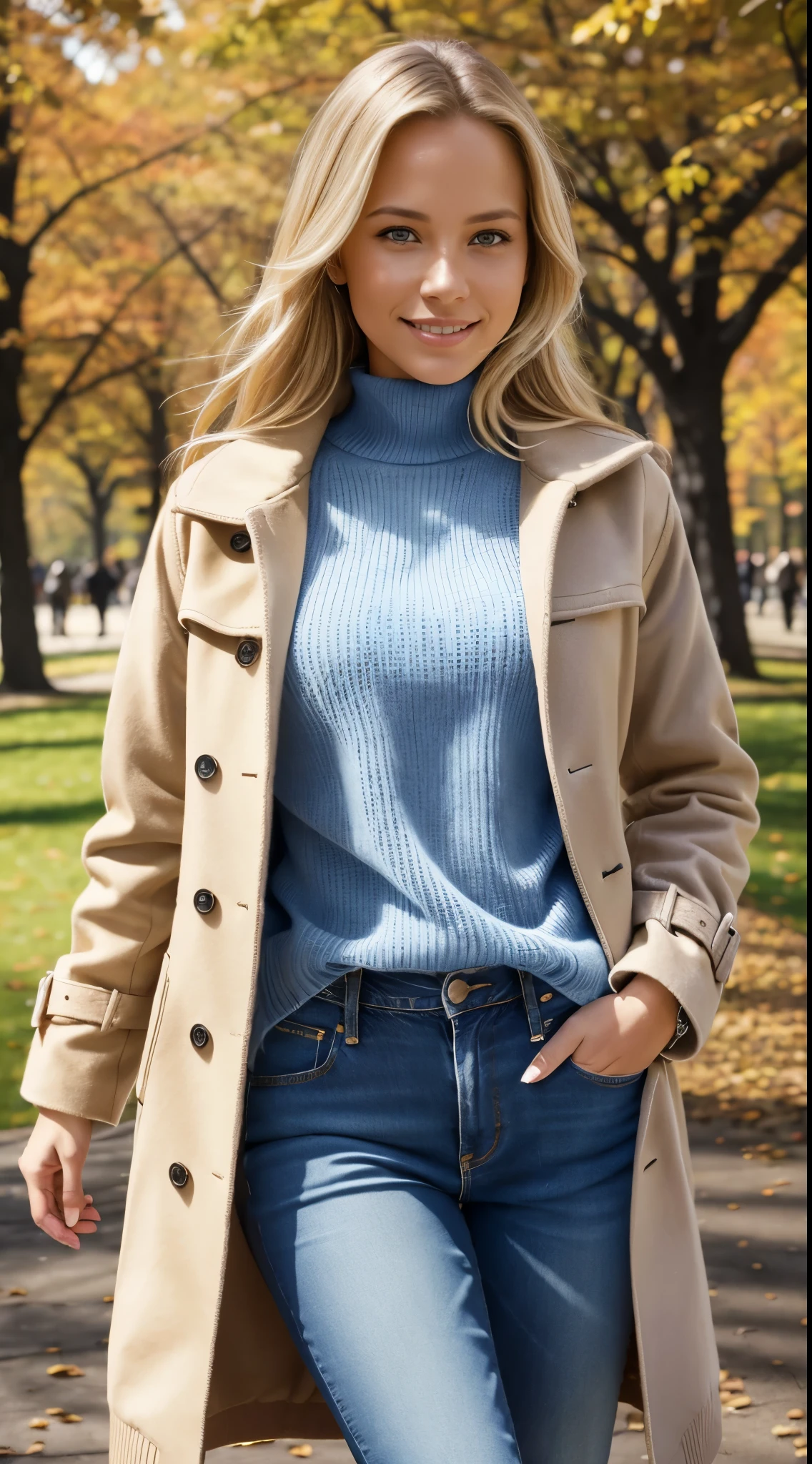 Foto hiperrealista en primer plano de 20 years old Maria Bello, masterpiece, best quality, (photorealistic:1.4), (beige autumn coat over blue blue sweater:1.1), (blue jeans:1.2) heels, in the New York Central Park, sunny day,, cinematic light, beautiful woman, skinny, small breasts, straight blond hair, detailed face, smile, facing the camera, photo taken from a distance, age of 20 years old