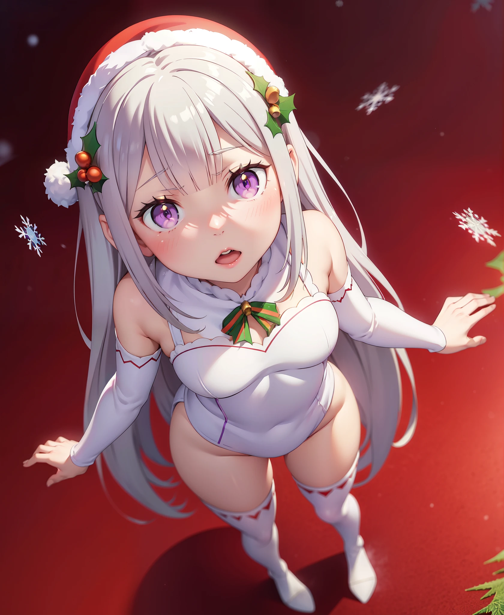 re:zero, emilia, gray hair, masterpiece, amazing, 8k, detailed, 1girl, (from above), purple eyes, (white tights), ((leans forward)), (stands), hands behind her back, ((looking up)), (red background), falling snowflakes, ((Christmas hat)),,